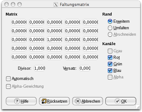 Eigenschaften für das Filter Faltungsmatrix